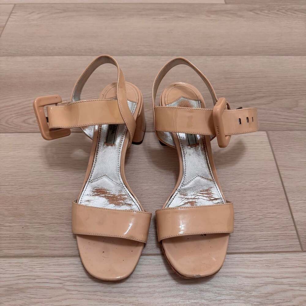 Prada Beige Patent Finish Ankle Strap Block Heel Sandals Women’s EU 39